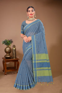 Gulmohar - Grey Green Cotton Printed Saree