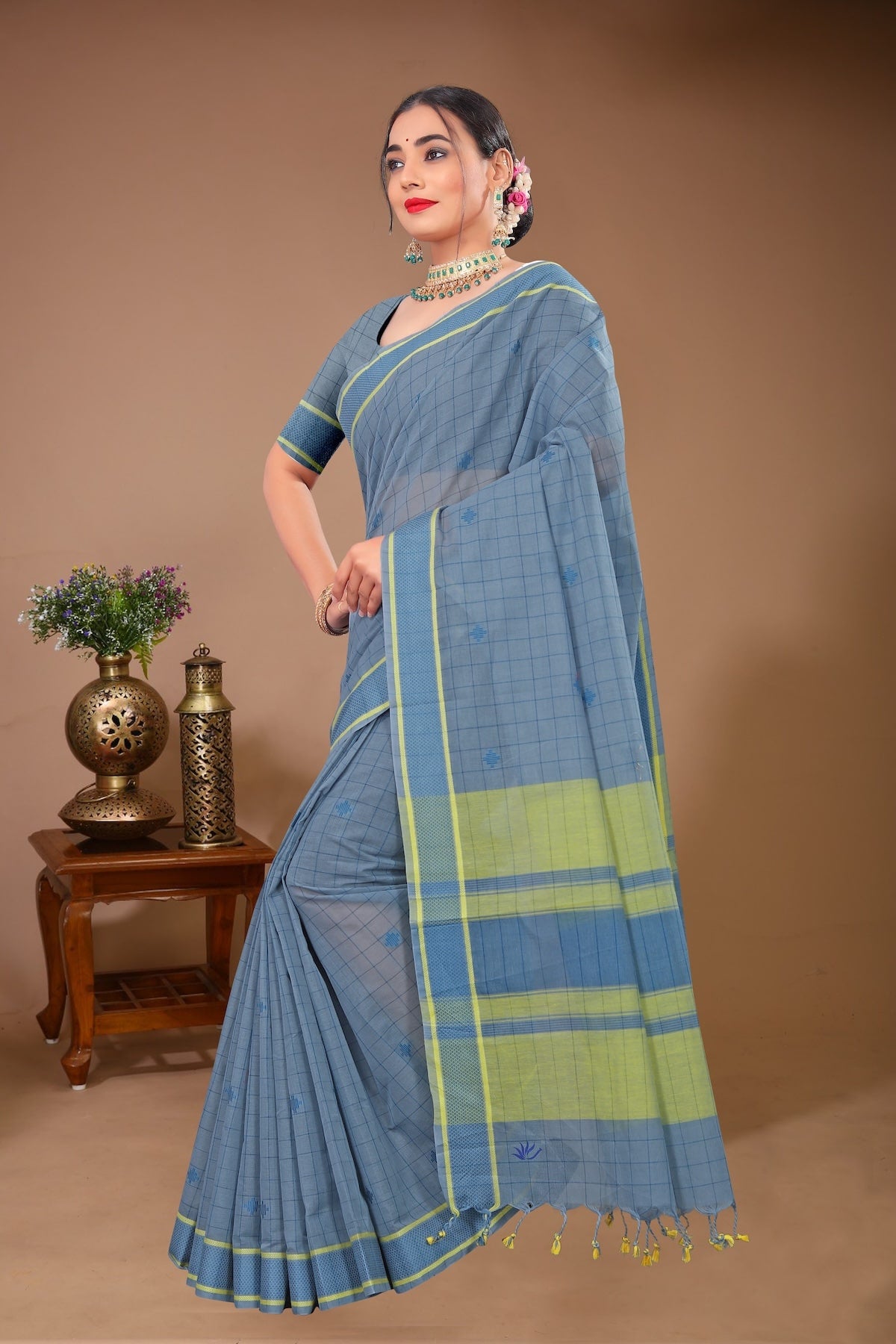 Gulmohar - Grey Green Cotton Printed Saree