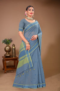 Gulmohar - Grey Green Cotton Printed Saree