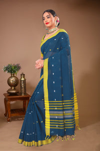 Sargam - Blue Yellow Cotton Printed Saree