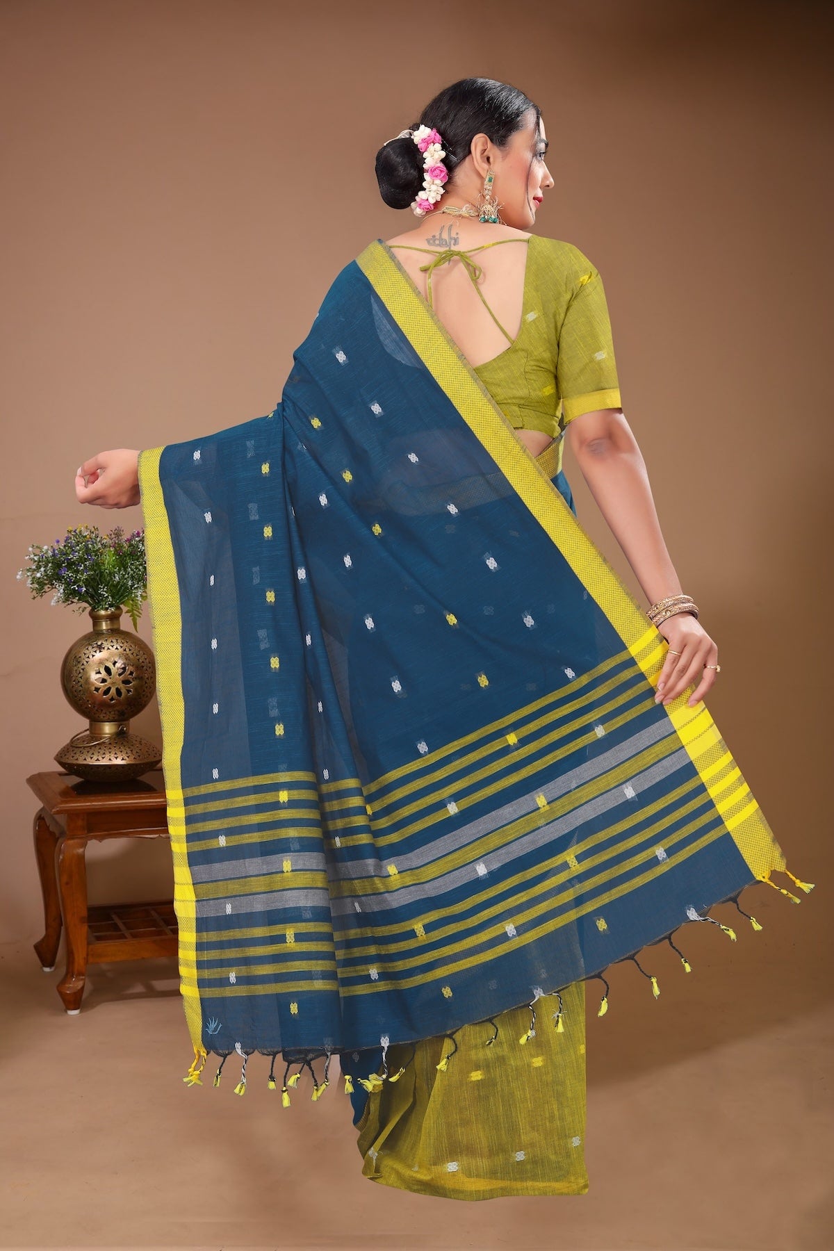 Sargam - Blue Yellow Cotton Printed Saree