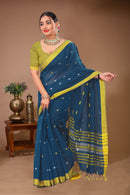 Sargam - Blue Yellow Cotton Printed Saree