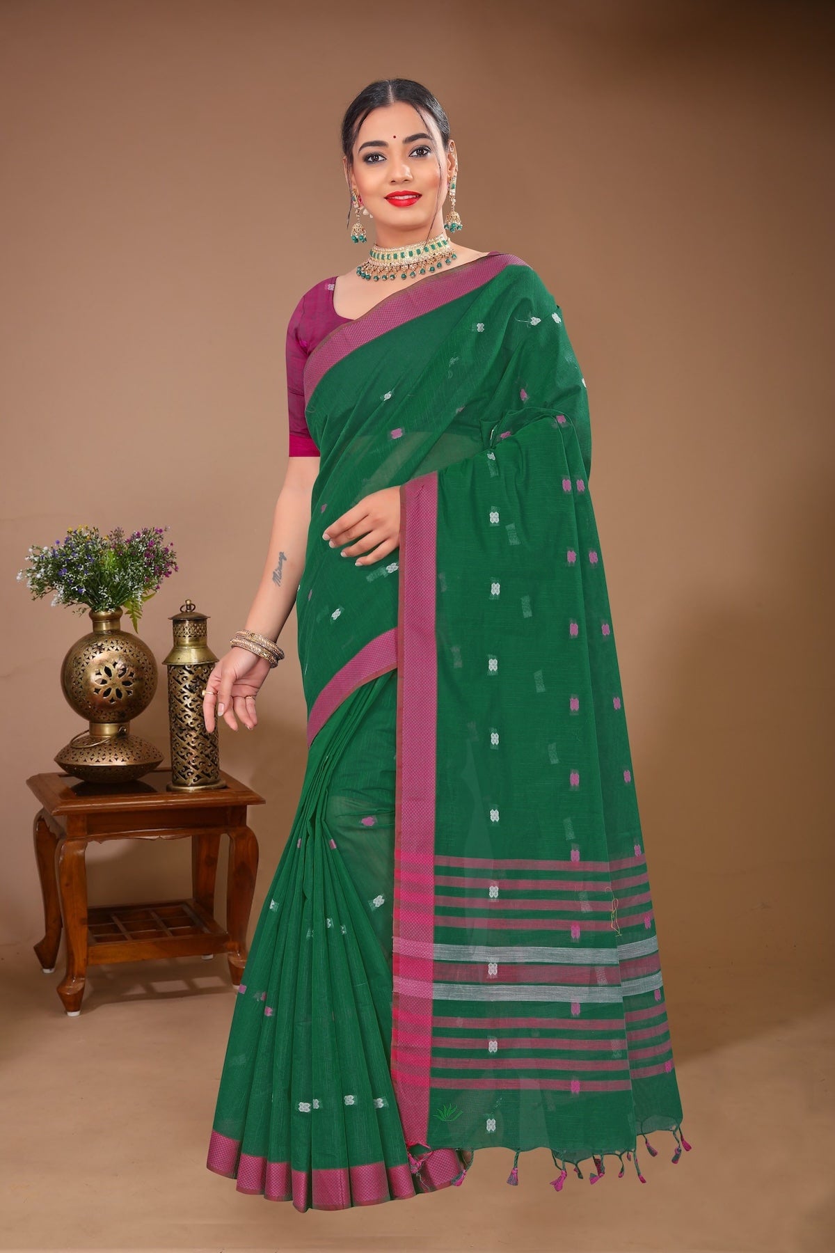 Sargam - Green Purple Cotton Printed Saree