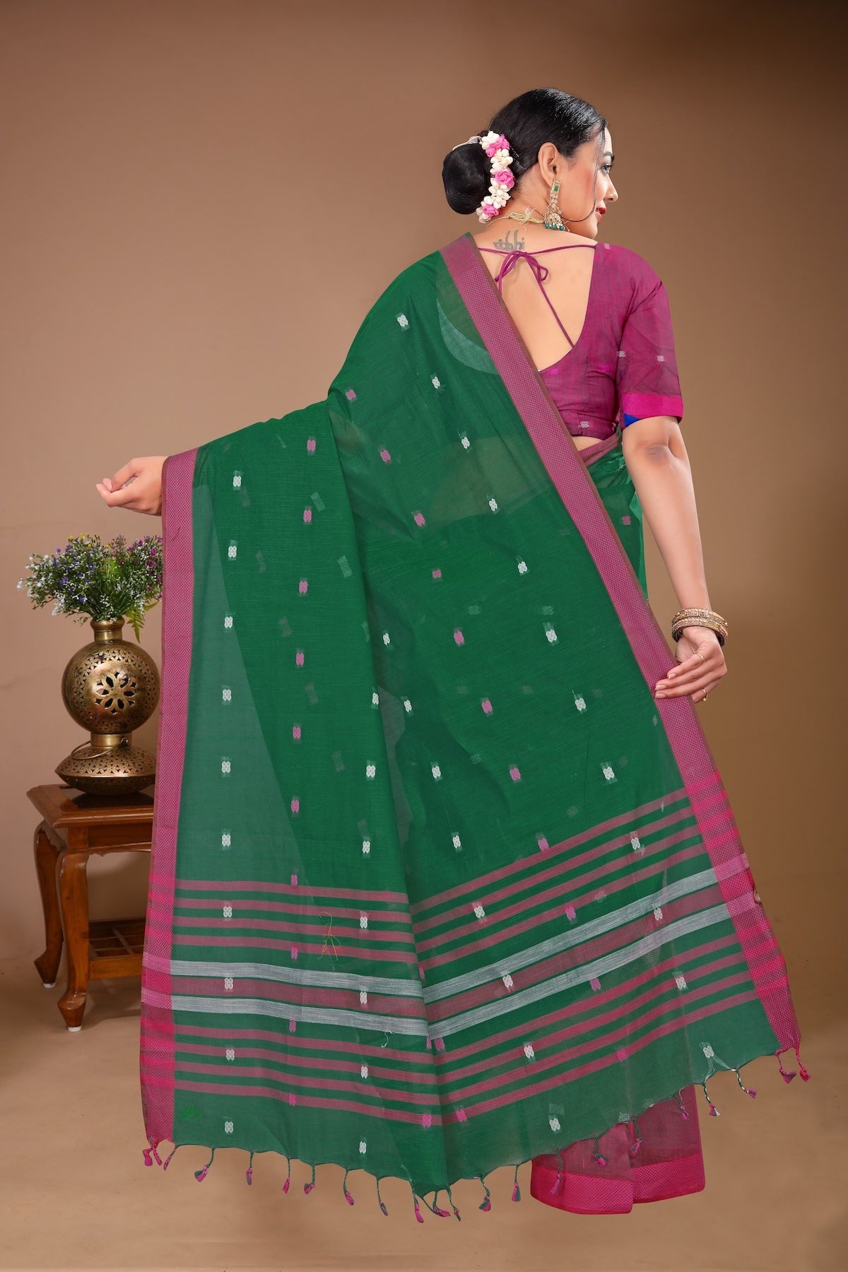 Sargam - Green Purple Cotton Printed Saree