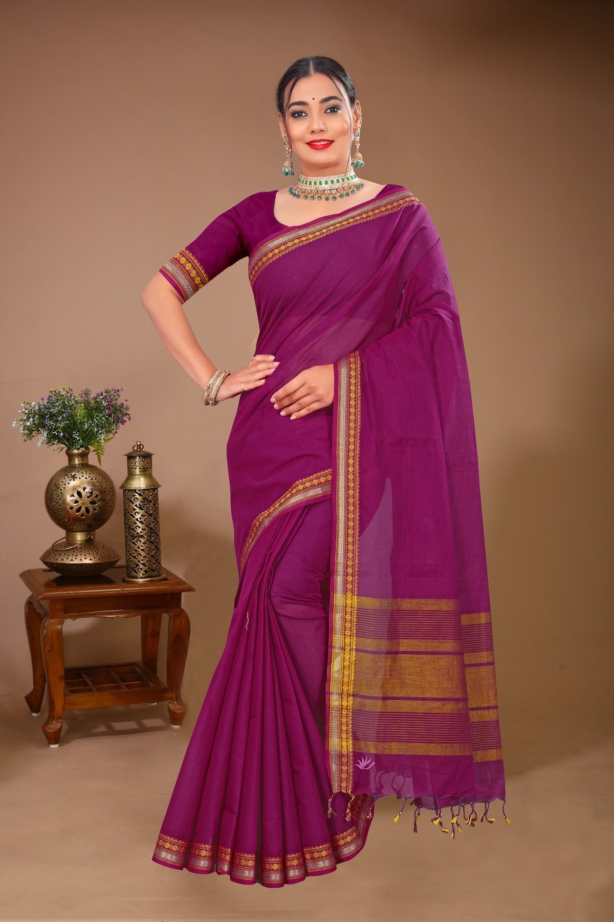 Gulmohar - Purple Golden Cotton Printed Saree