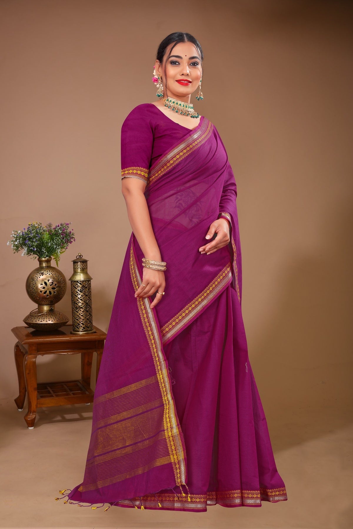 Gulmohar - Purple Golden Cotton Printed Saree