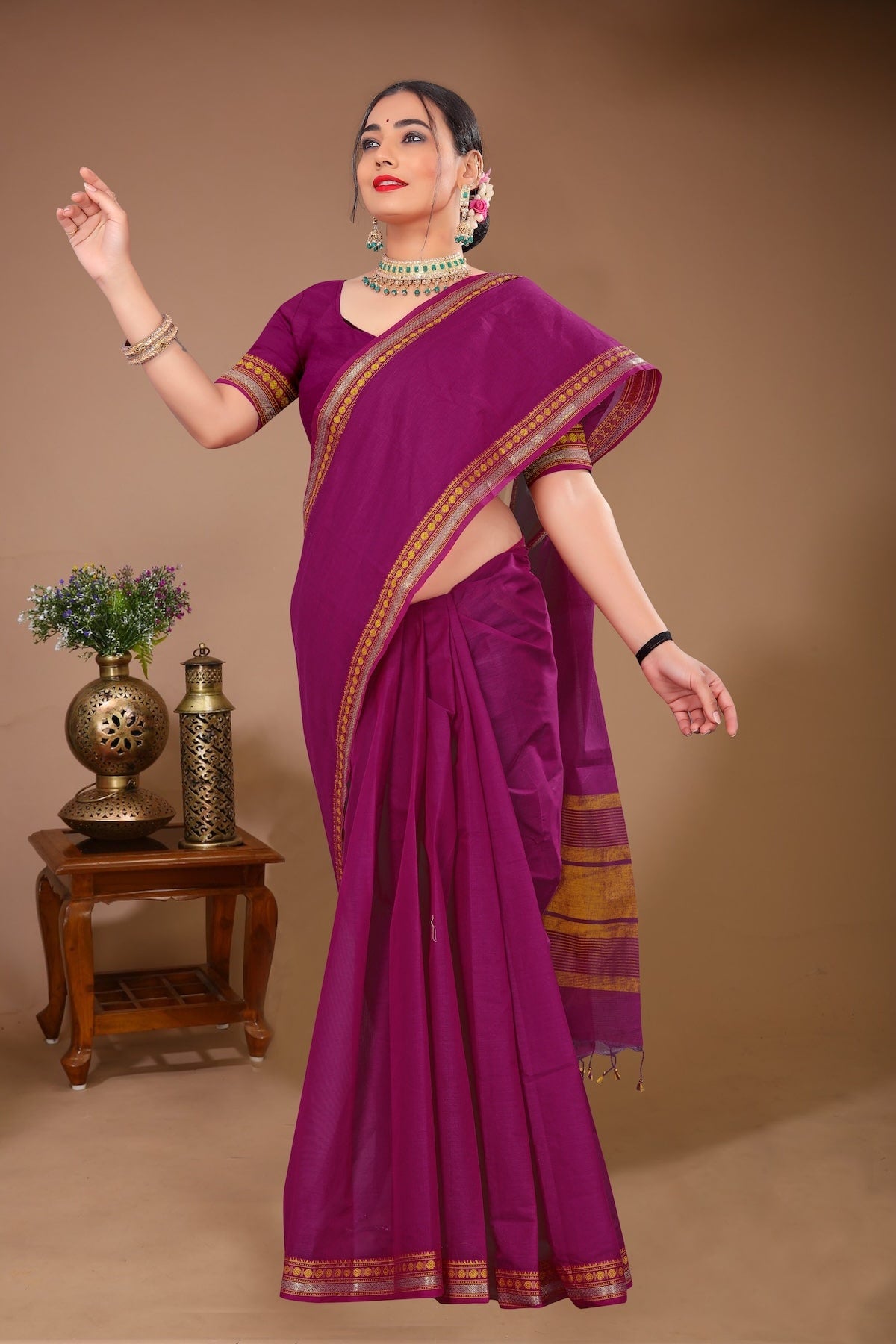 Gulmohar - Purple Golden Cotton Printed Saree