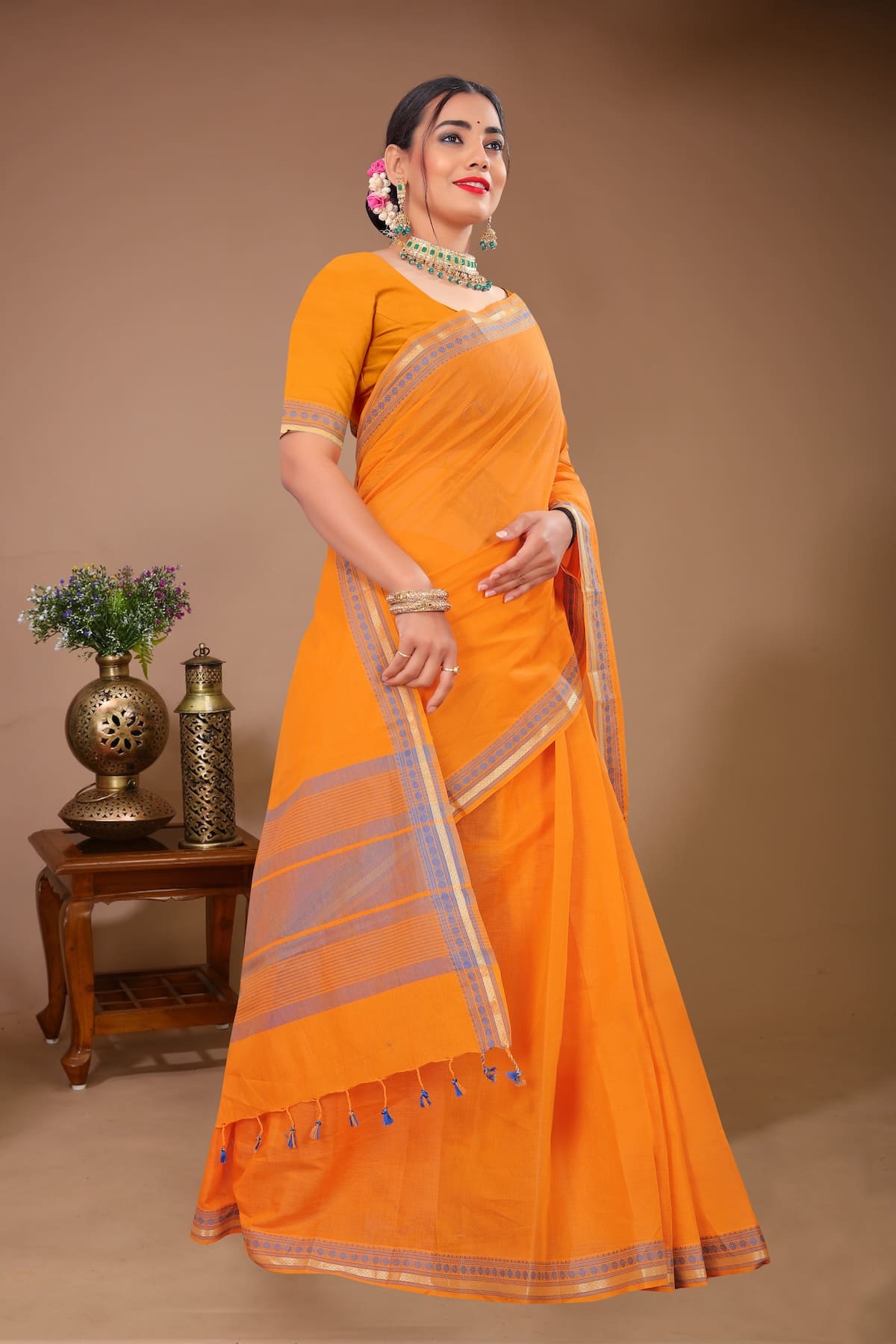 Gulmohar - Yellow Grey Cotton Printed Saree