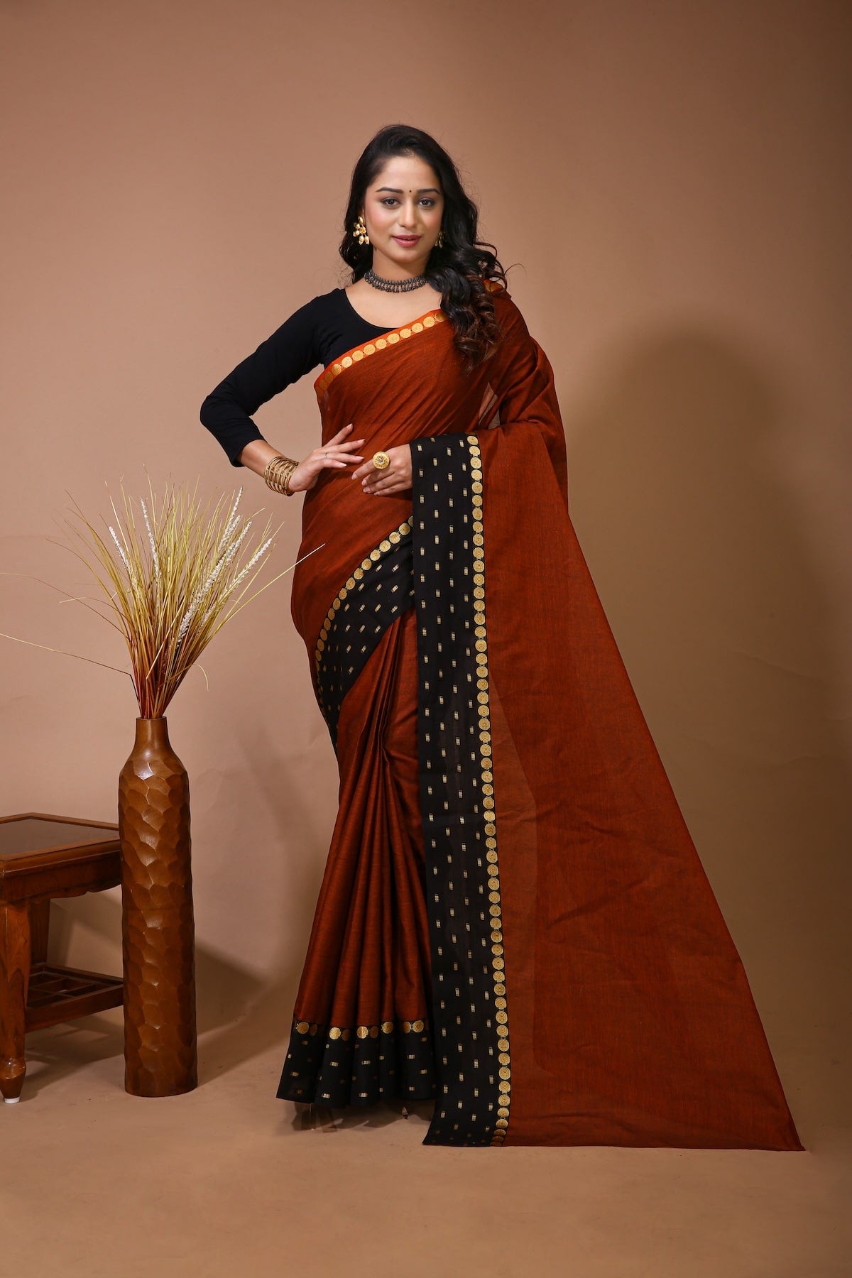 Sitara - Orange Cotton Self Design Saree