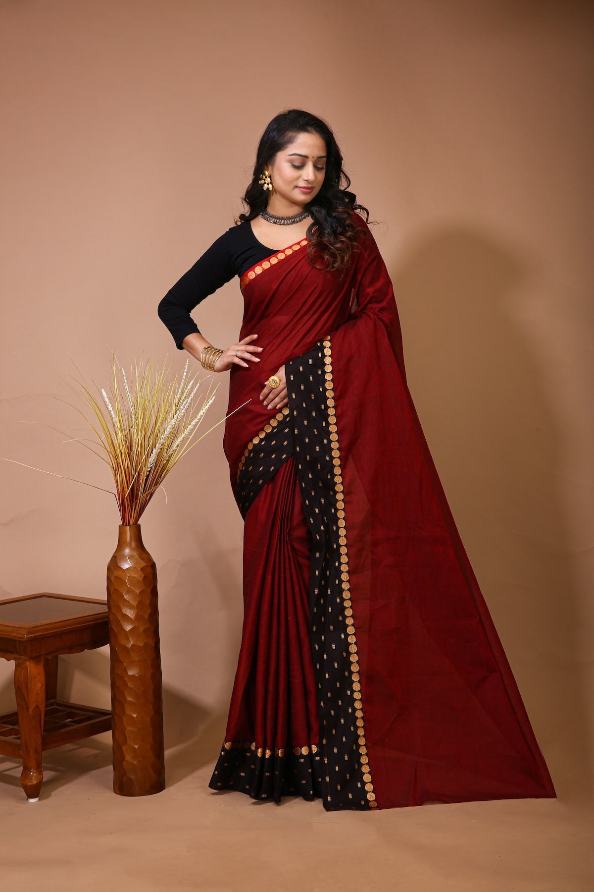 Sitara - Red Cotton Self Design Saree