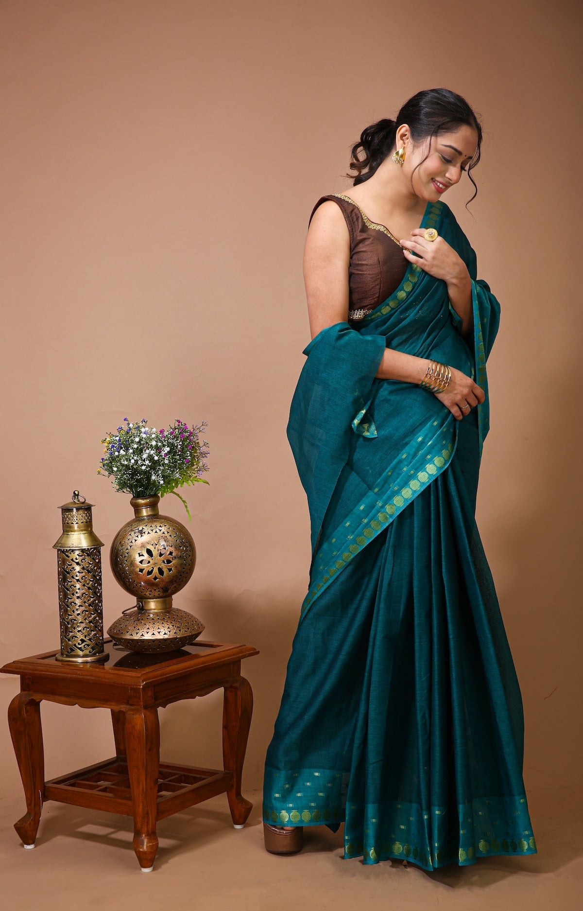 Tarini - Green Cotton Embellished Saree