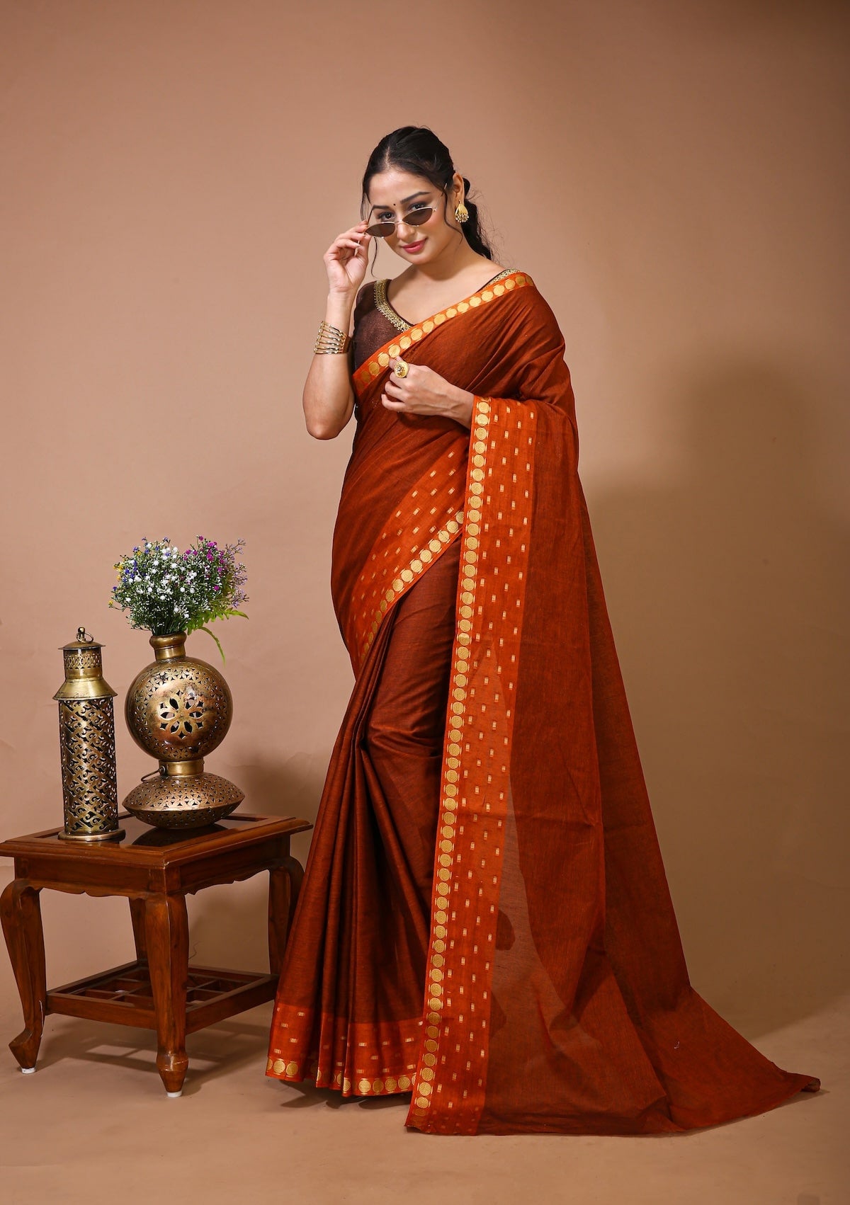 Tarini - Orange Cotton Embellished Saree