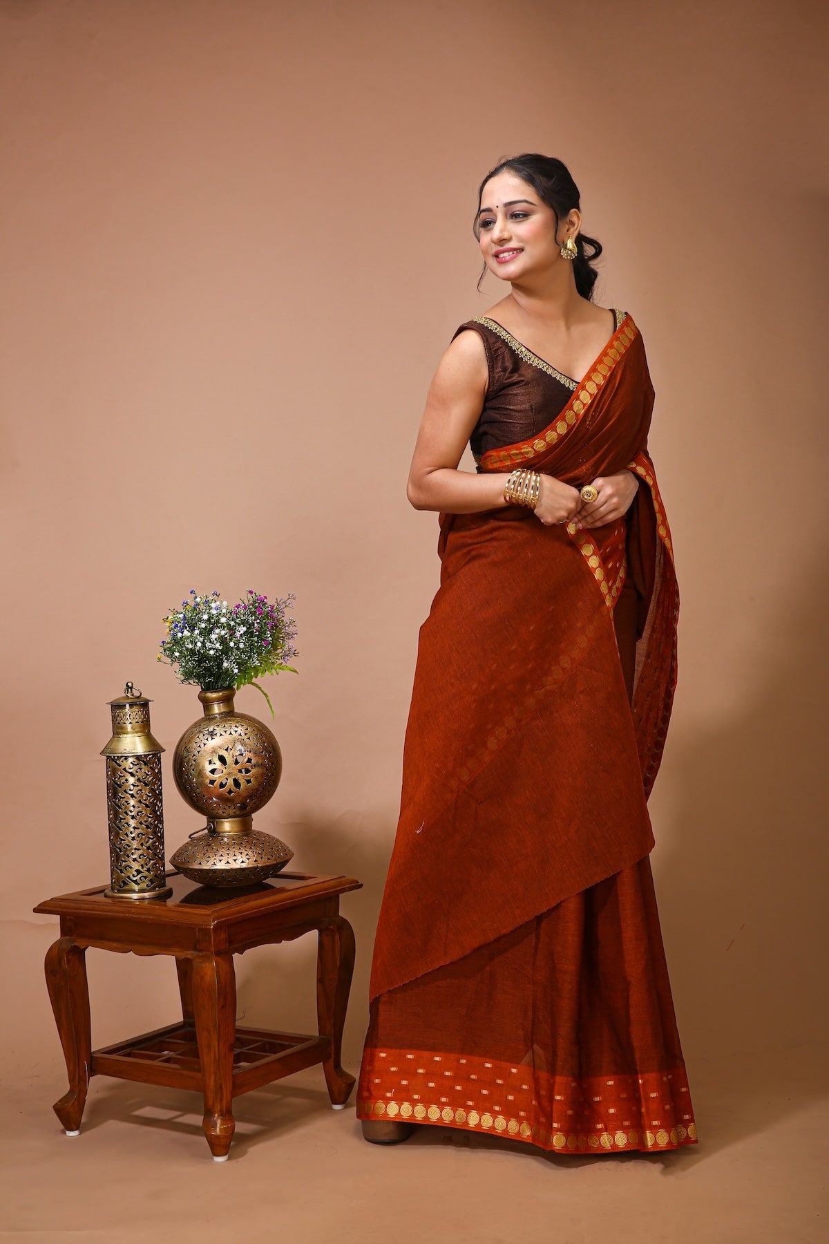 Tarini - Orange Cotton Embellished Saree