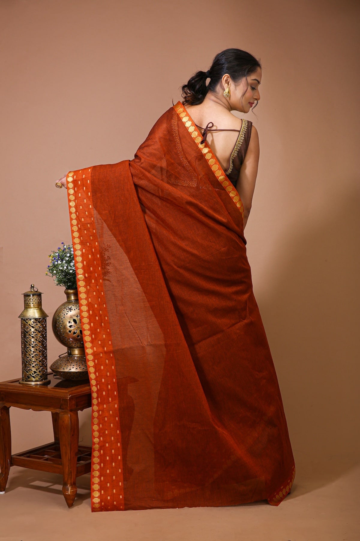 Tarini - Orange Cotton Embellished Saree