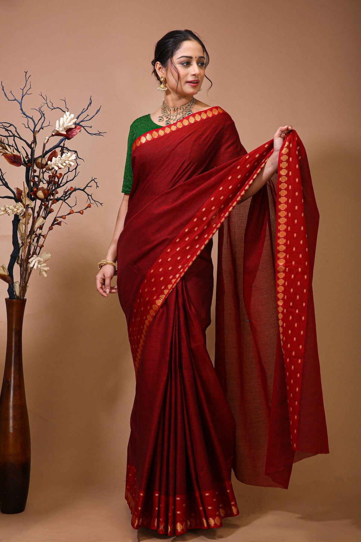 Tarini - Red Cotton Embellished Saree