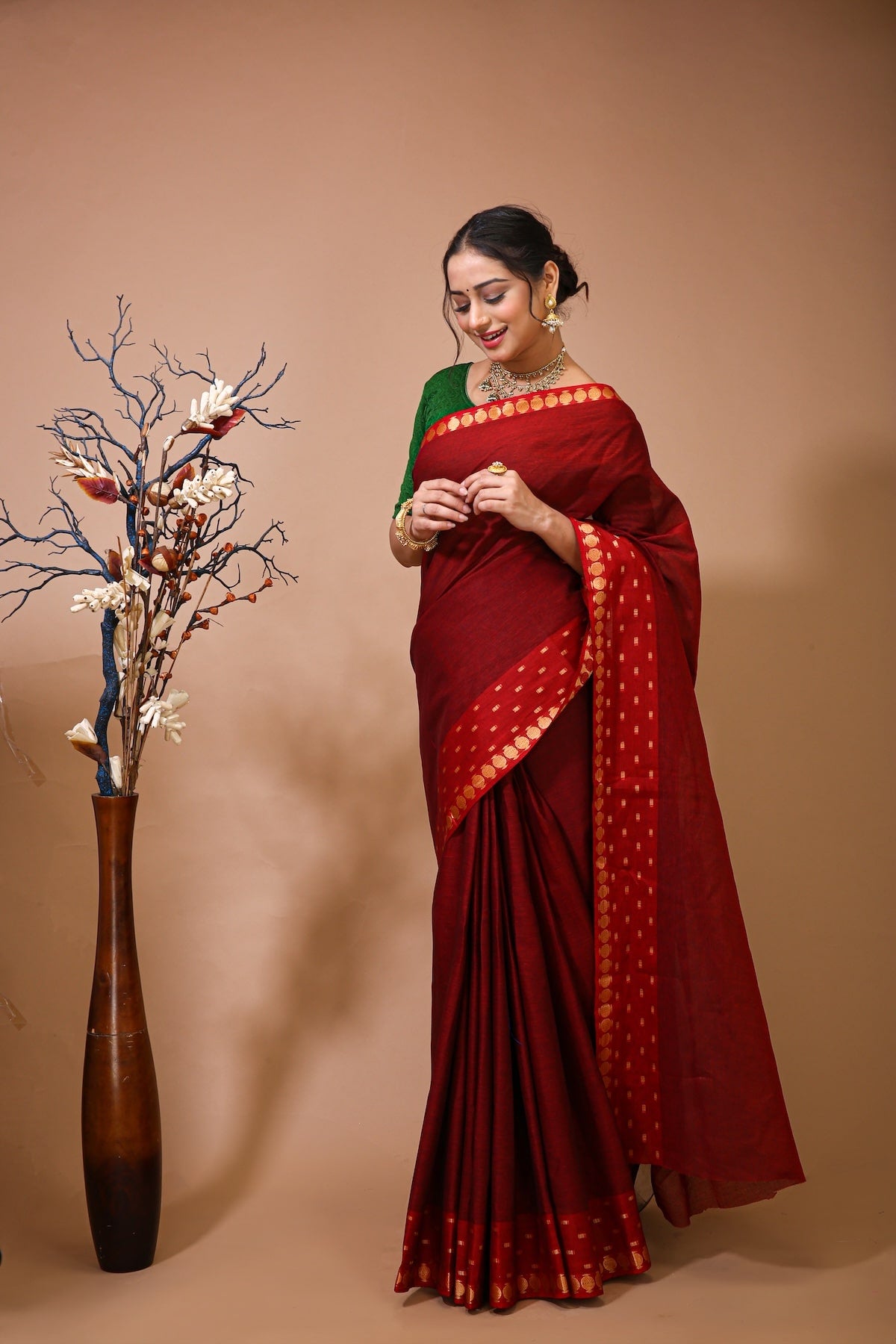 Tarini - Red Cotton Embellished Saree