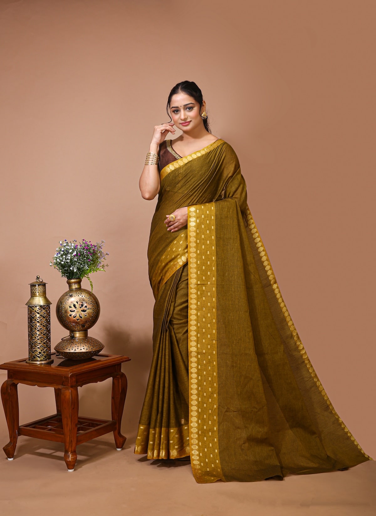 Tarini - Mustard Cotton Embellished Saree