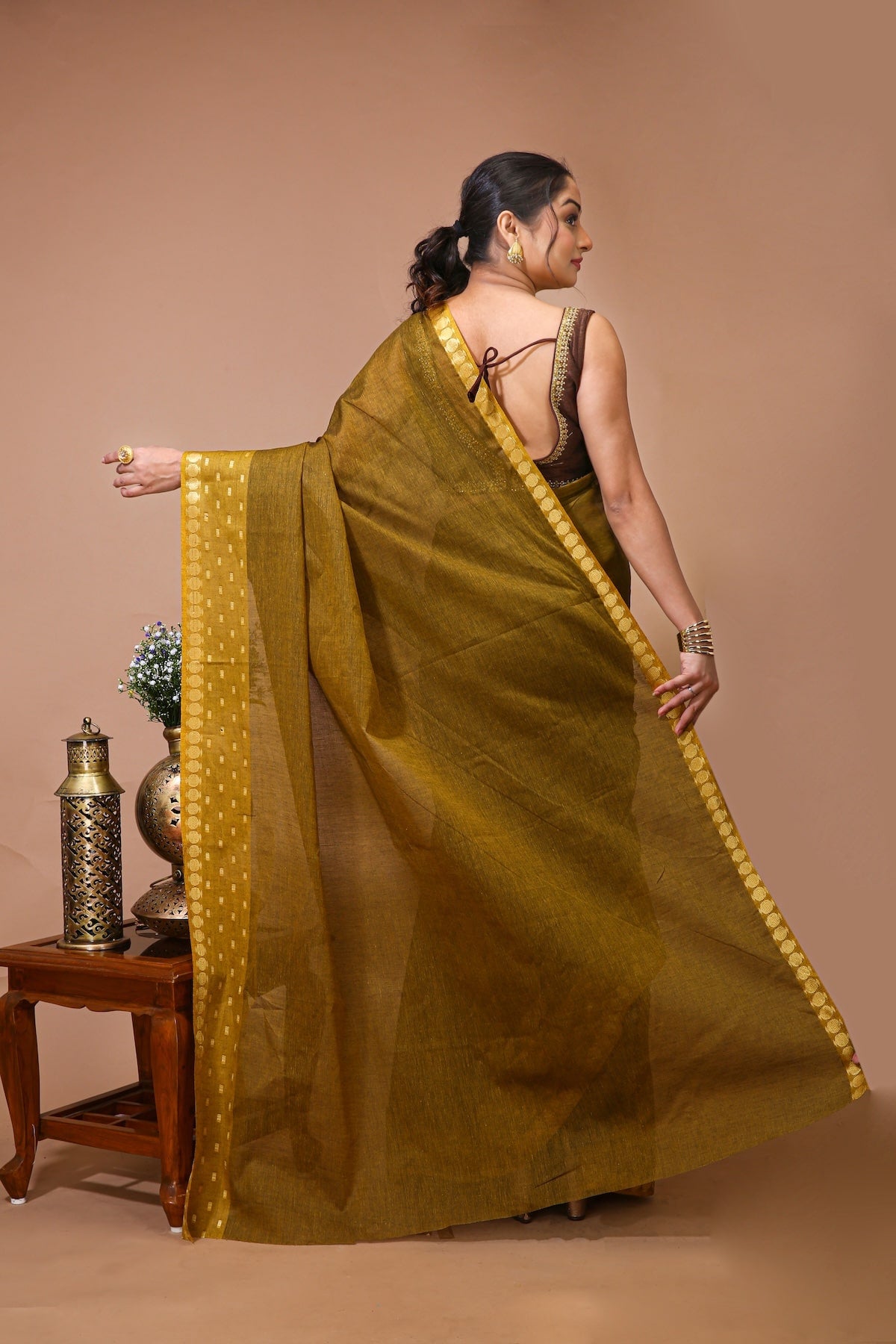 Tarini - Mustard Cotton Embellished Saree