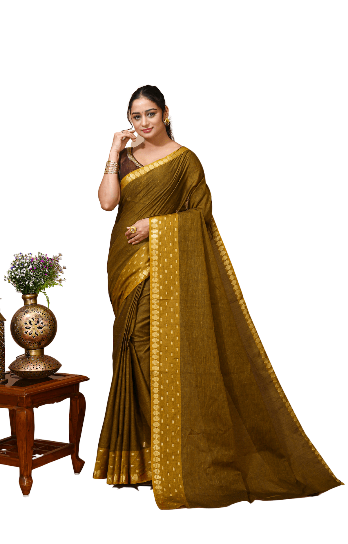 Tarini - Mustard Cotton Embellished Saree