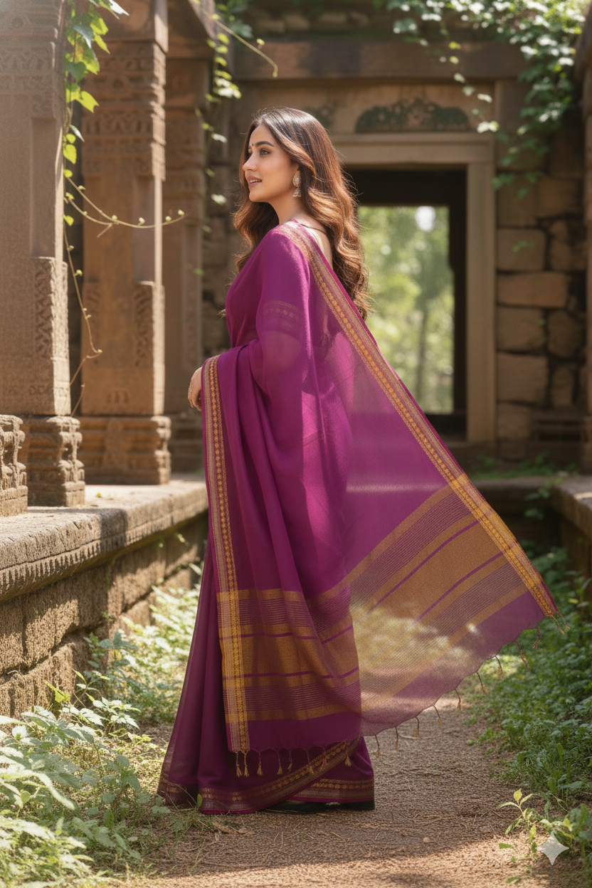 Gulmohar - Purple Golden Cotton Printed Saree