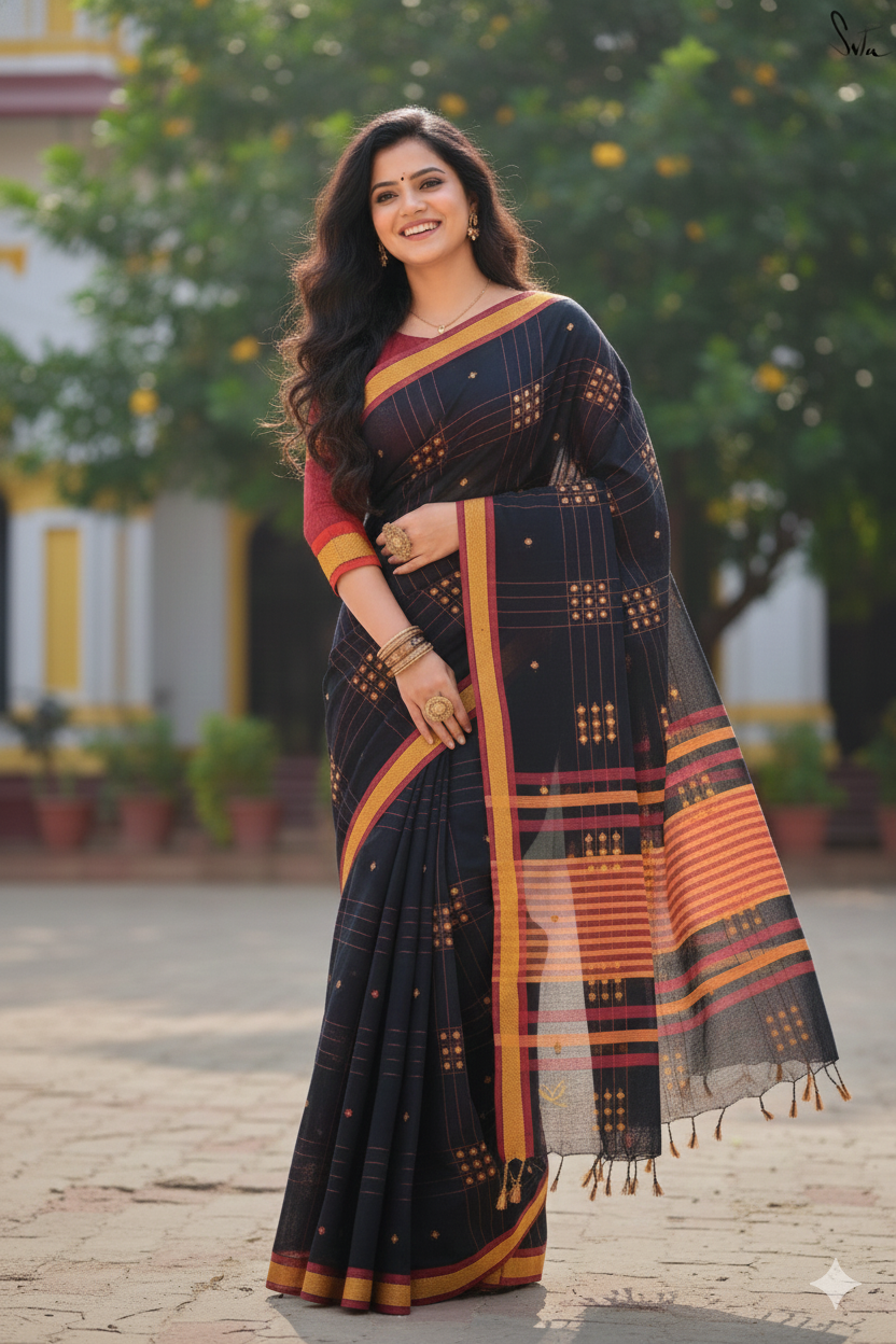 Aparajita - Black Yellow Cotton Printed Saree