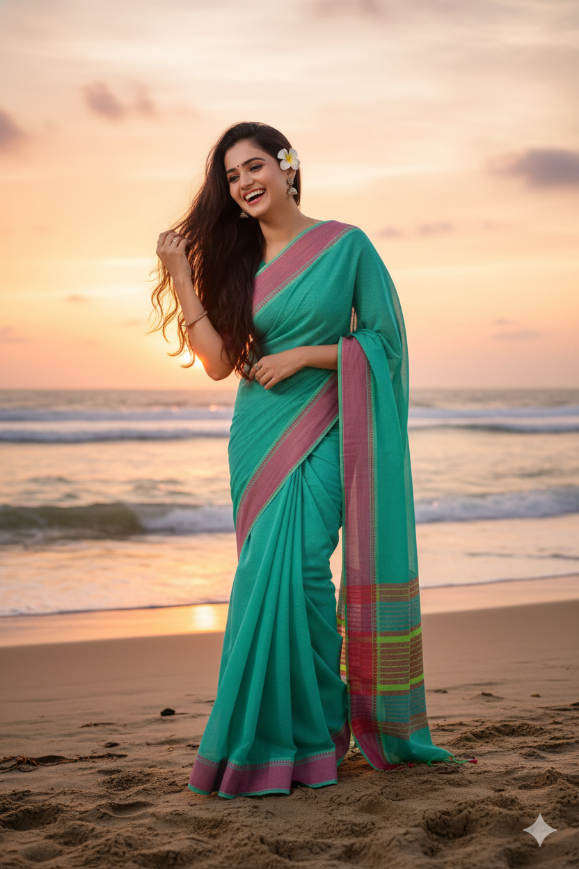 Tarang - Green Red Cotton Printed Saree