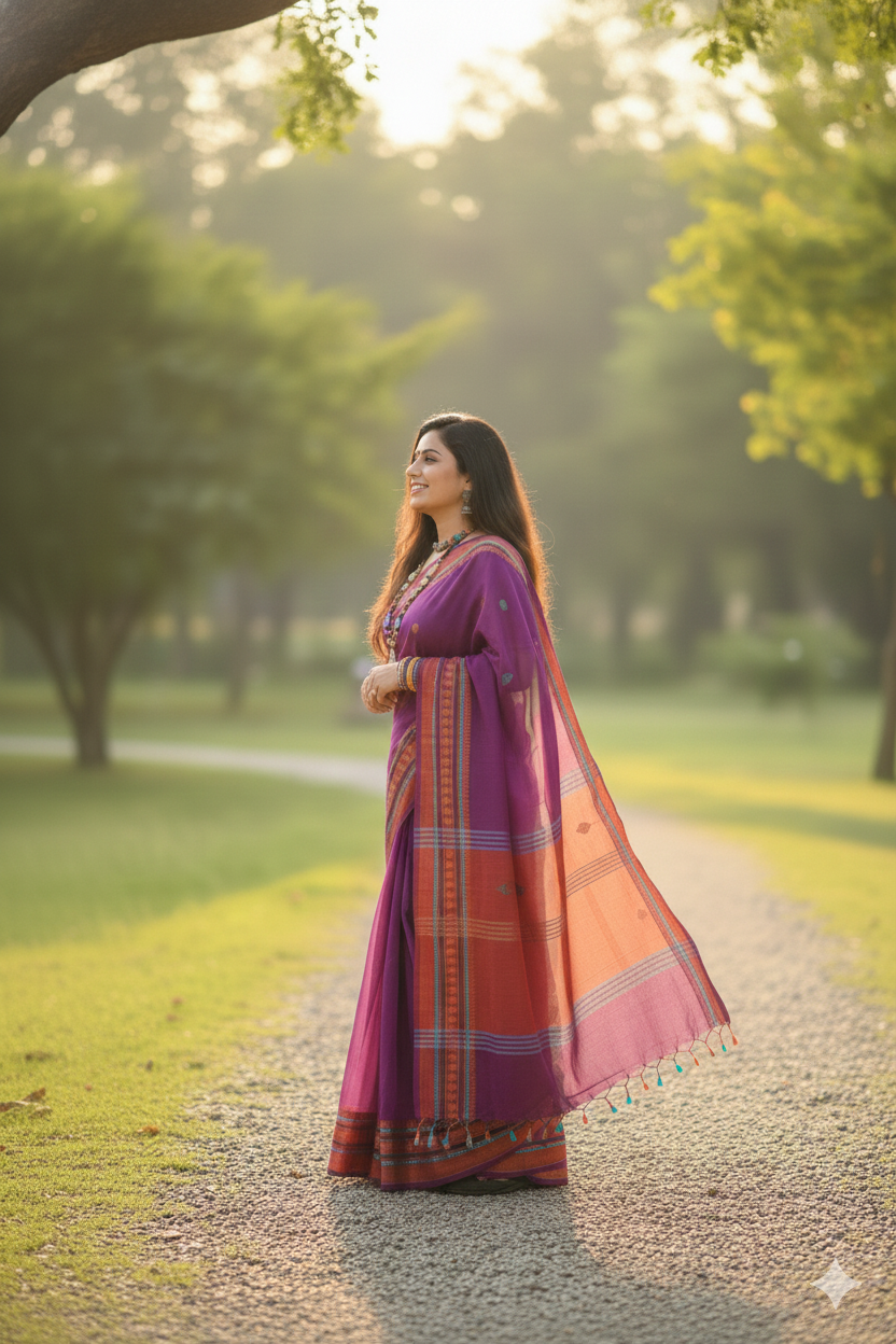 Aparajita - Pink Orange Cotton Printed Saree