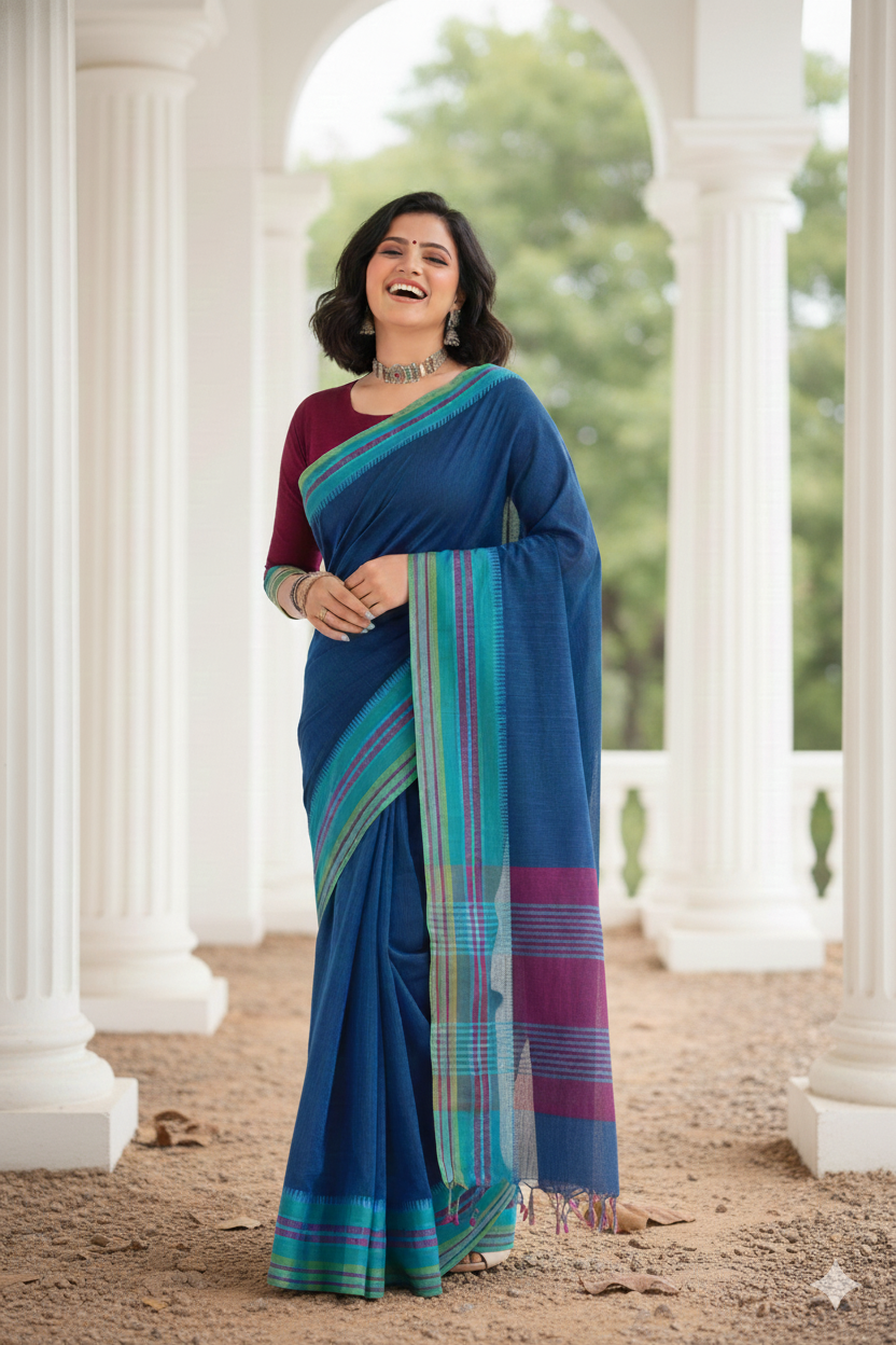 Sahaj - Blue Green Cotton Printed Saree
