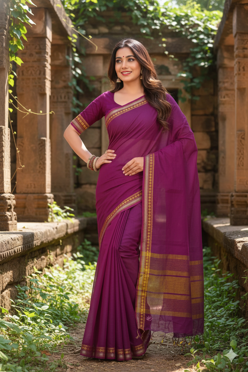 Gulmohar - Purple Golden Cotton Printed Saree