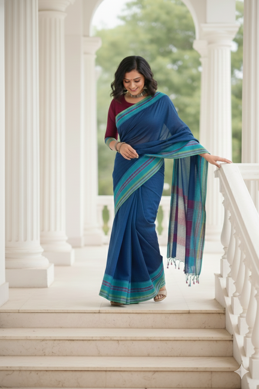 Sahaj - Blue Green Cotton Printed Saree