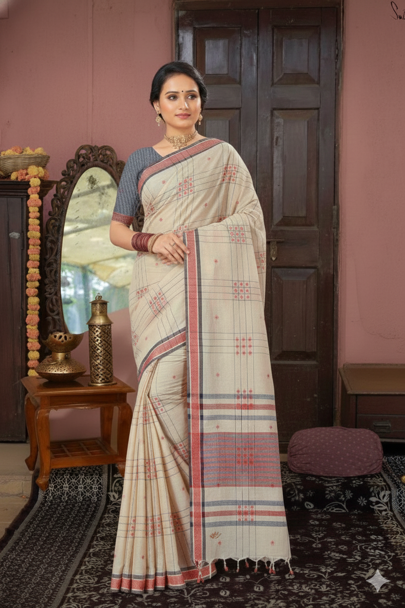 Aparajita - Cream Red Cotton Printed Saree