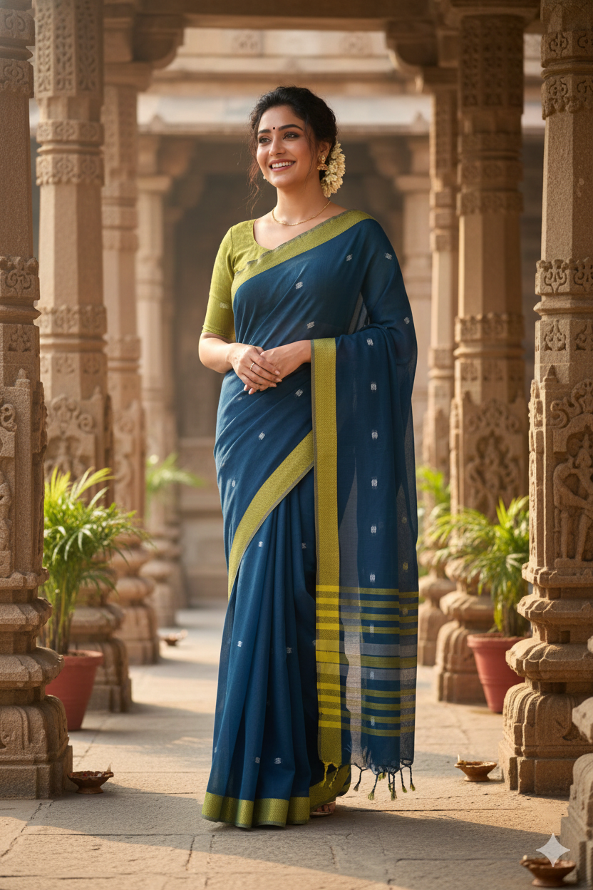 Sargam - Blue Yellow Cotton Printed Saree