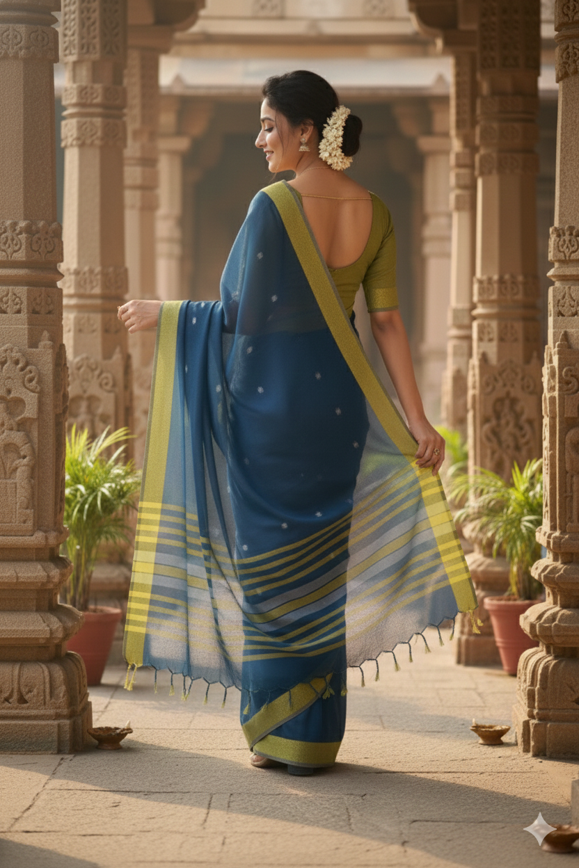 Sargam - Blue Yellow Cotton Printed Saree