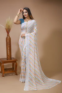 Dhara - White Blue Georgette Printed Saree