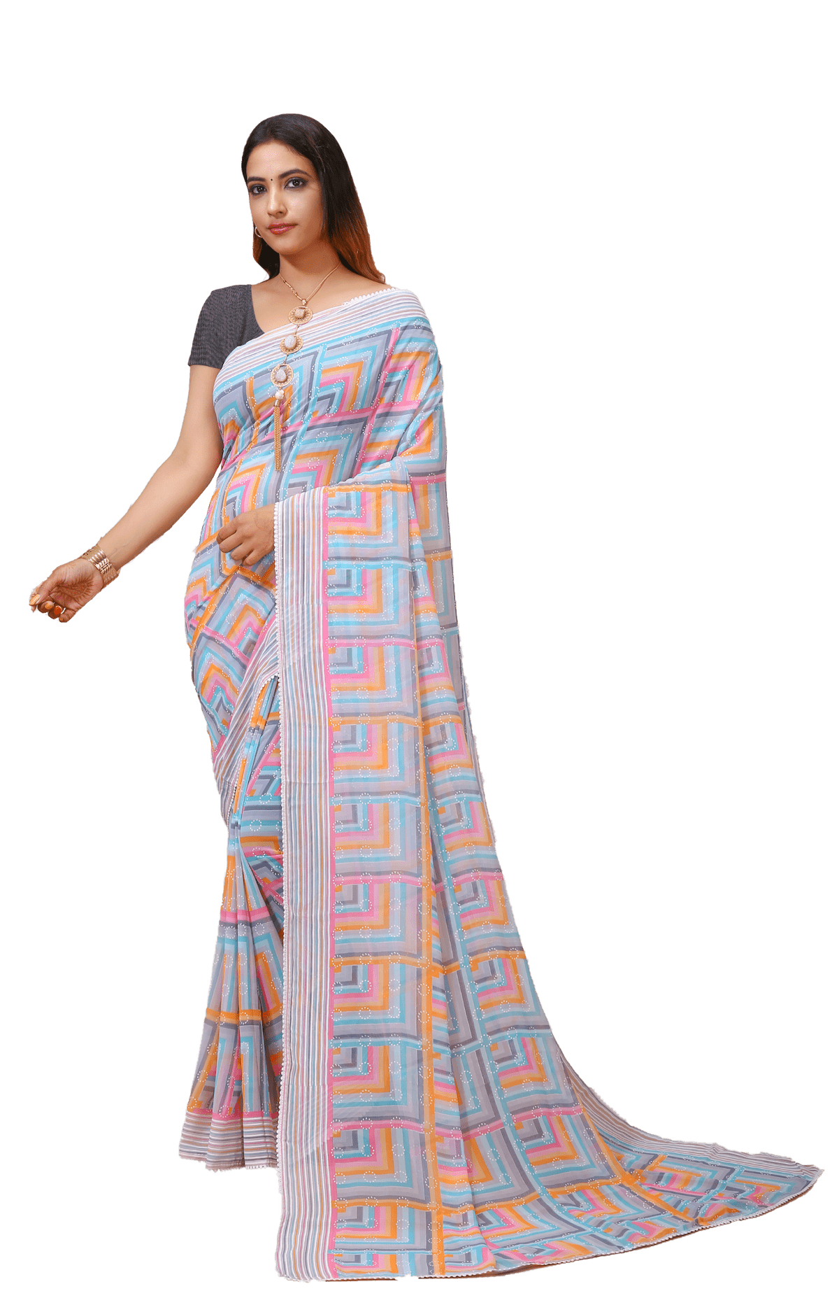 Dhara - Orange Green Georgette Printed Saree