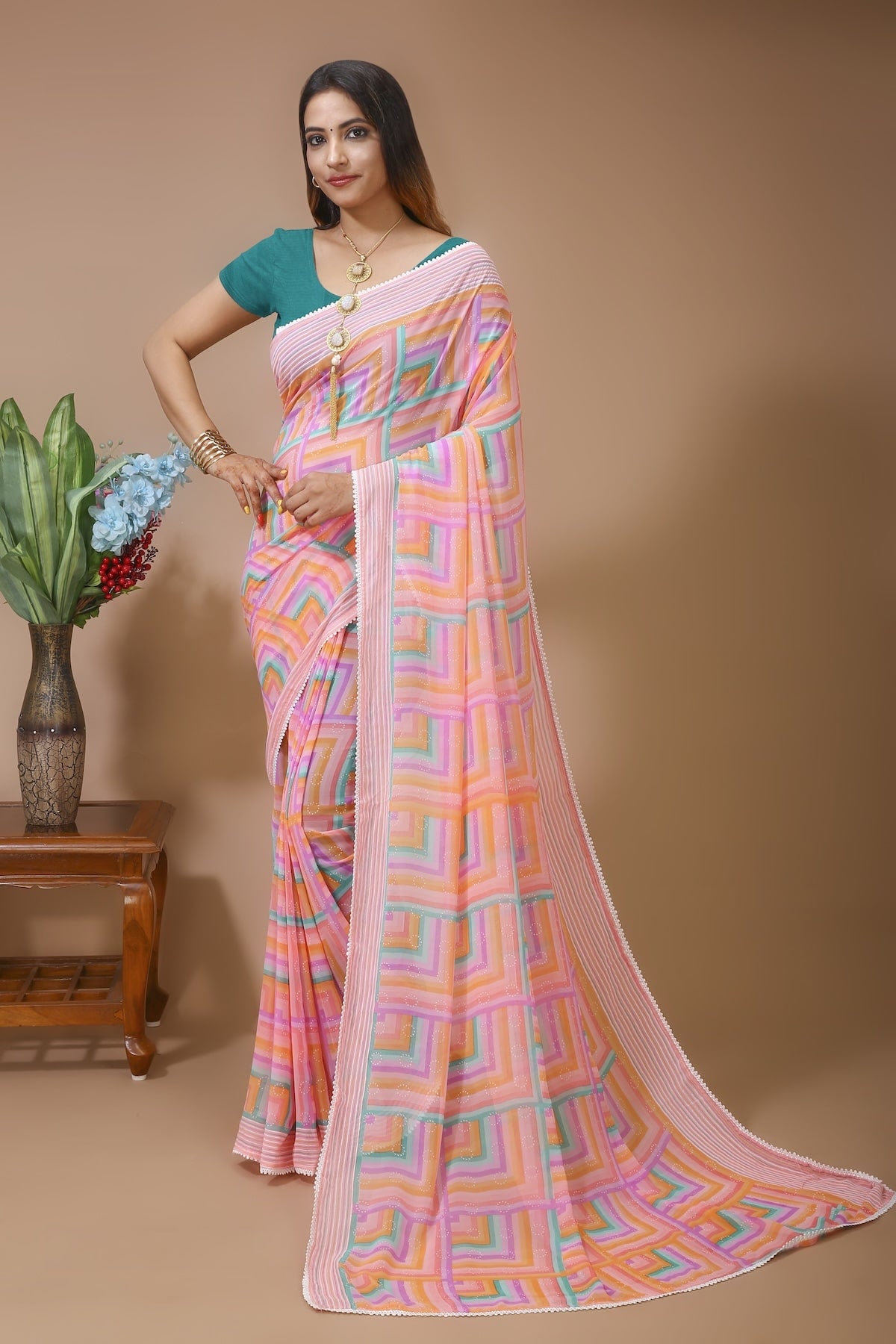 Dhara - Pink Green Georgette Printed Saree