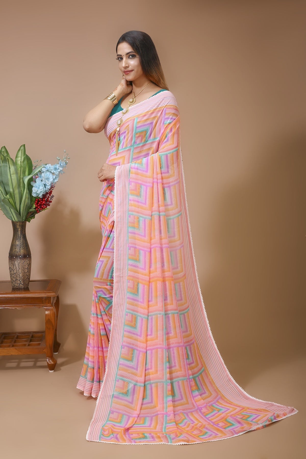 Dhara - Pink Green Georgette Printed Saree