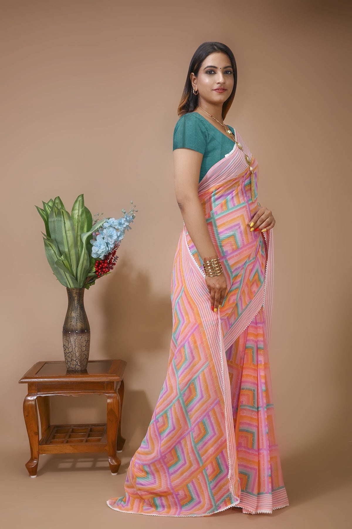 Dhara - Pink Green Georgette Printed Saree