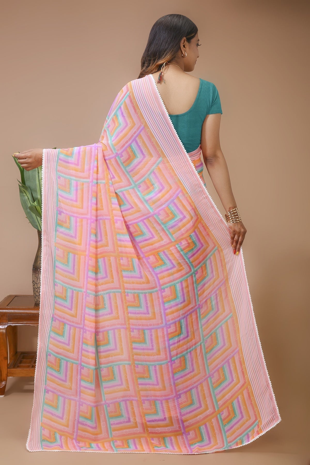 Dhara - Pink Green Georgette Printed Saree