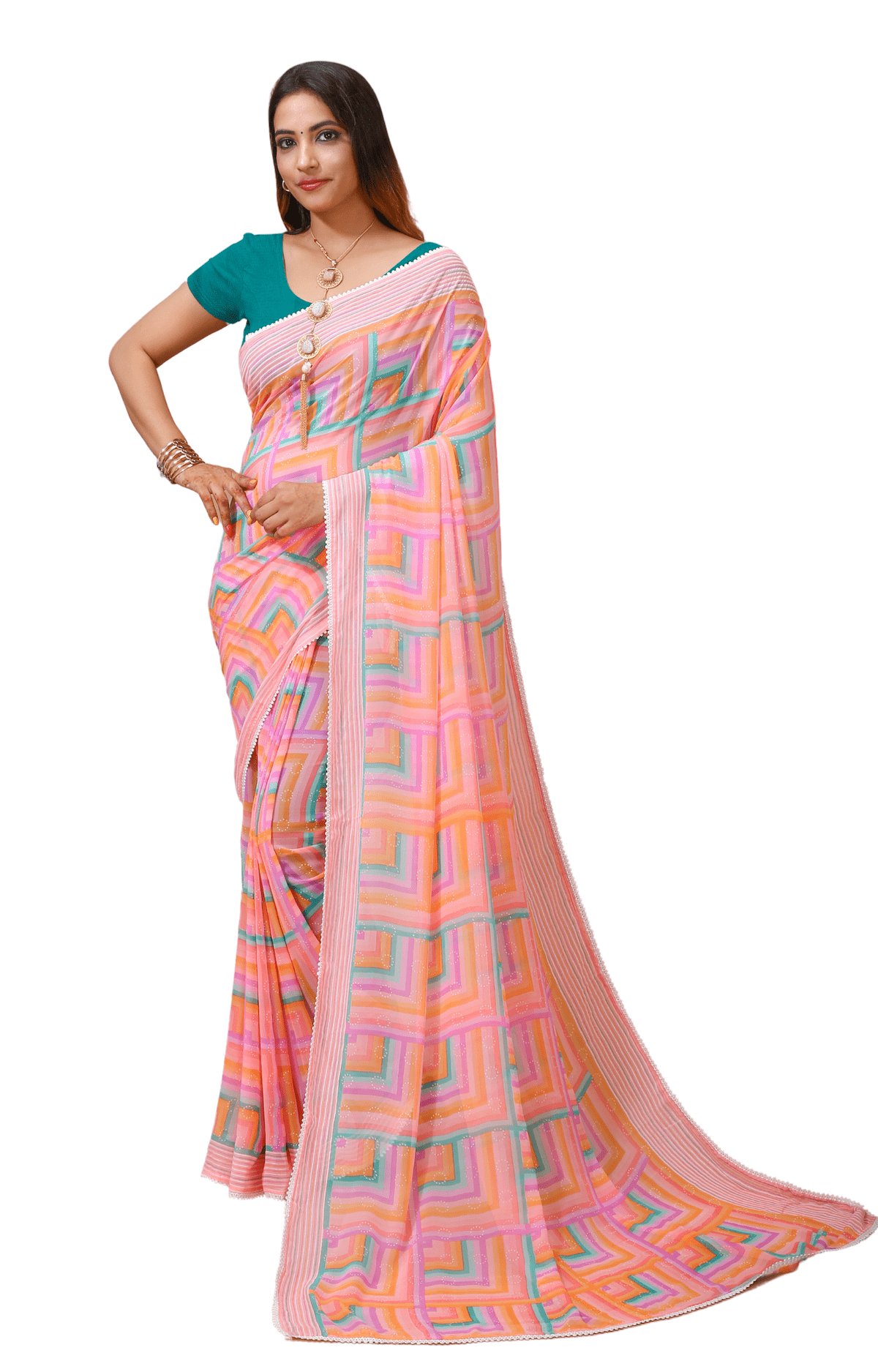 Dhara - Pink Green Georgette Printed Saree