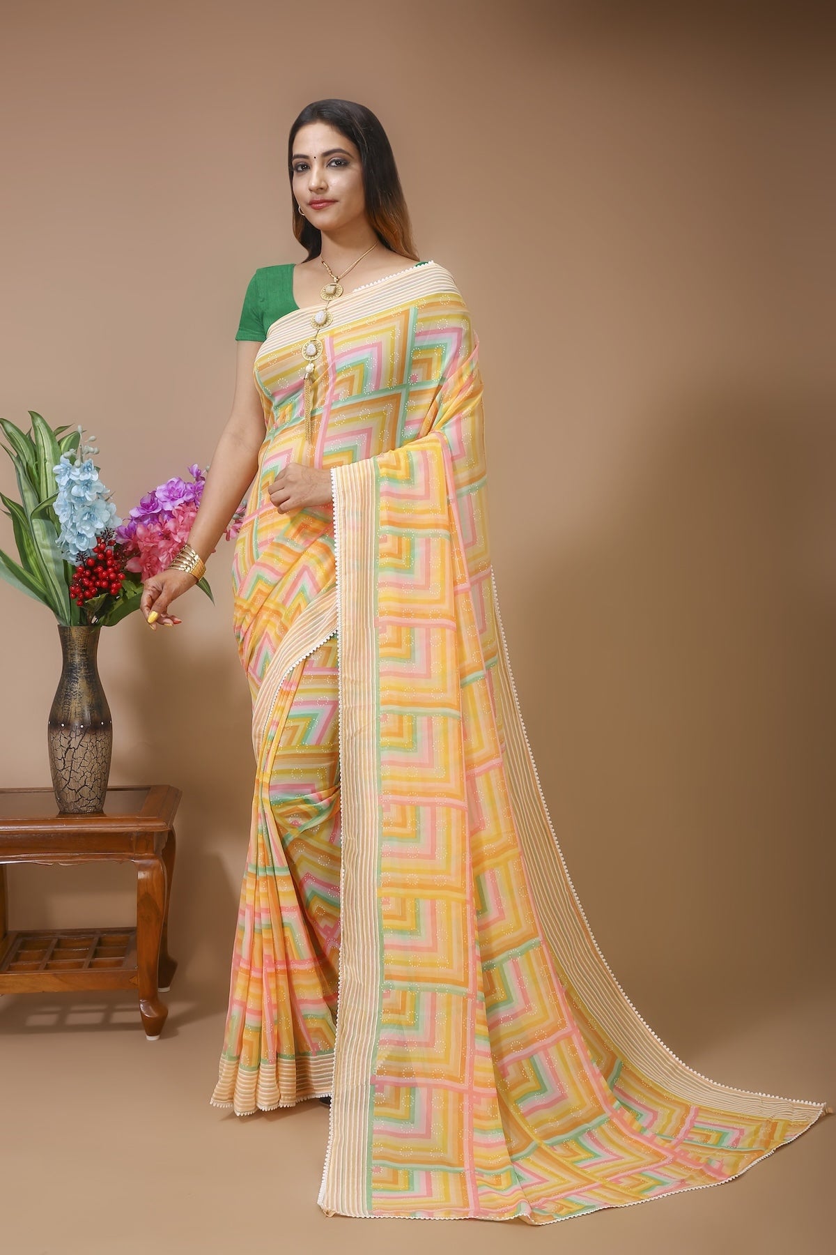 Dhara - Yellow Green Georgette Printed Saree