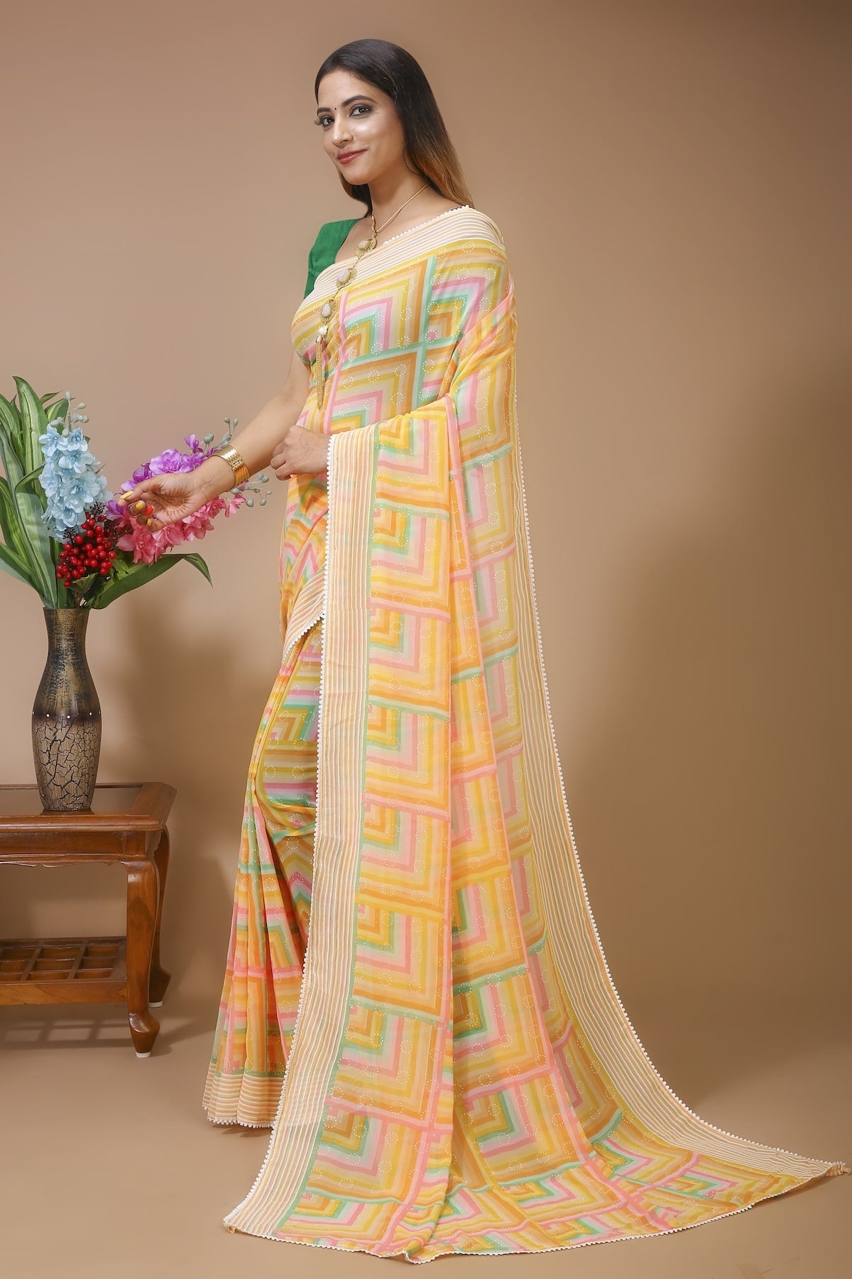 Dhara - Yellow Green Georgette Printed Saree