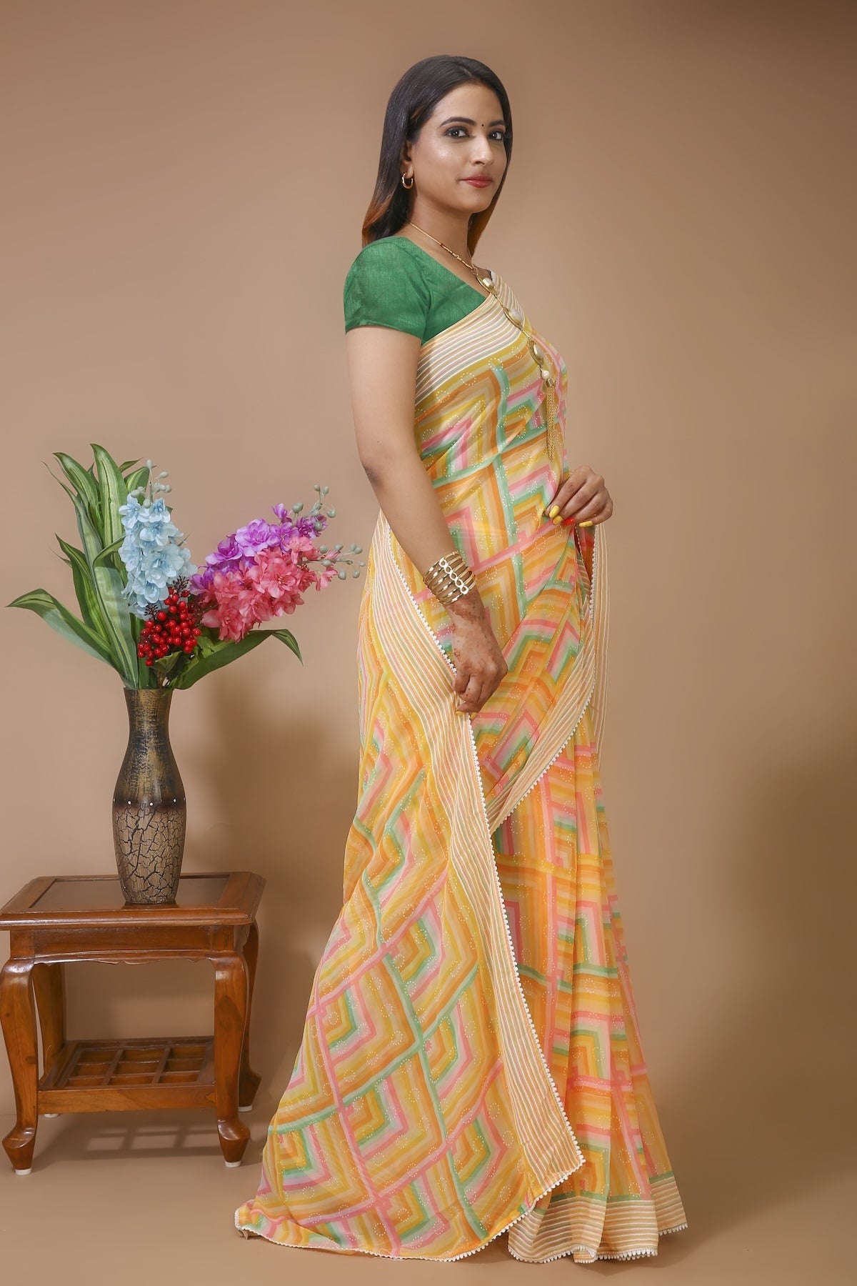 Dhara - Yellow Green Georgette Printed Saree