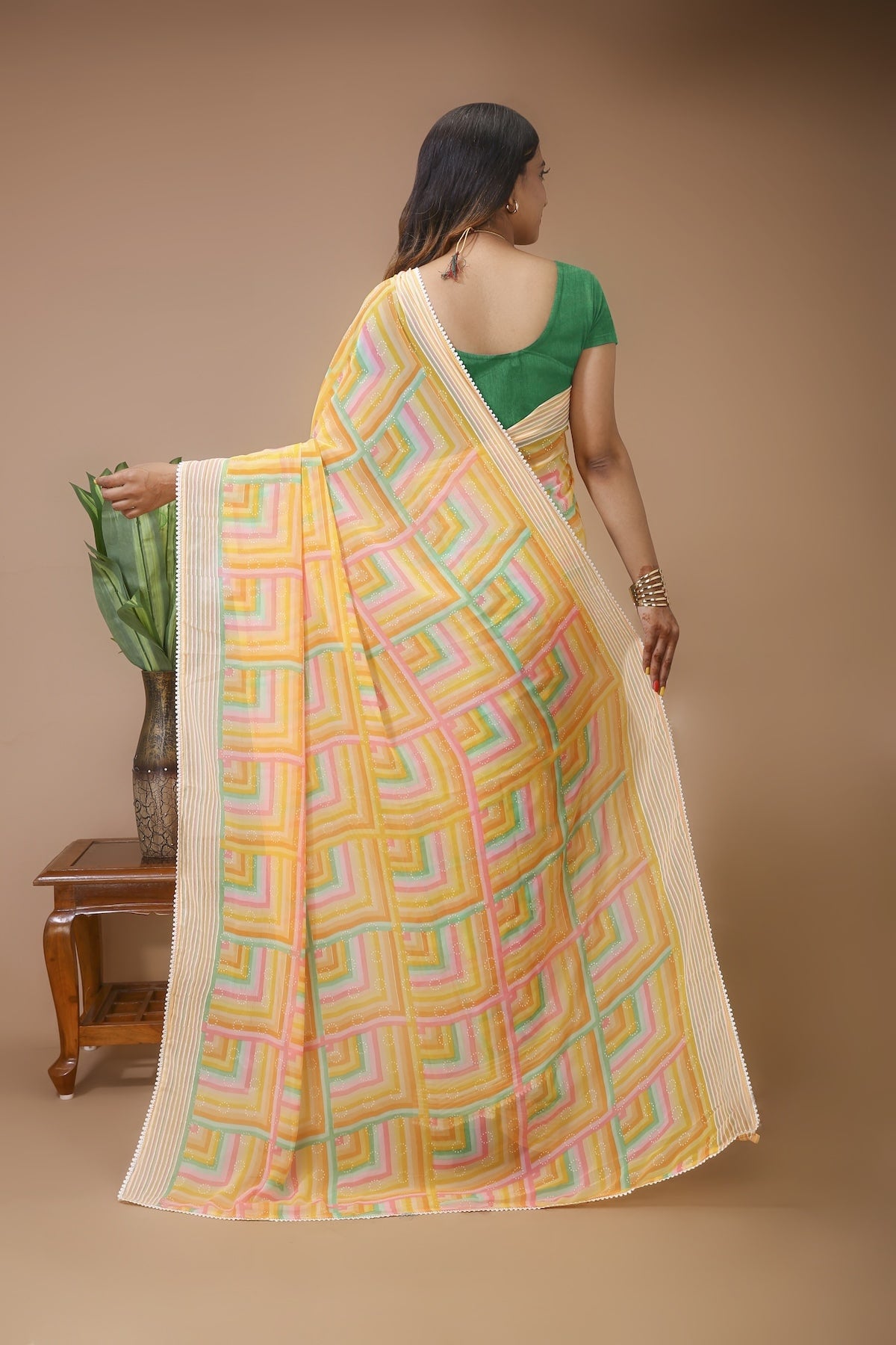 Dhara - Yellow Green Georgette Printed Saree