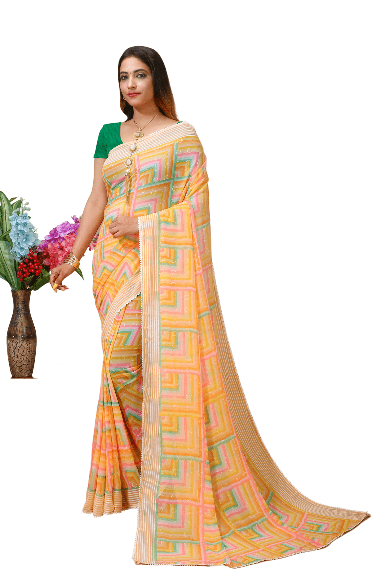 Dhara - Yellow Green Georgette Printed Saree