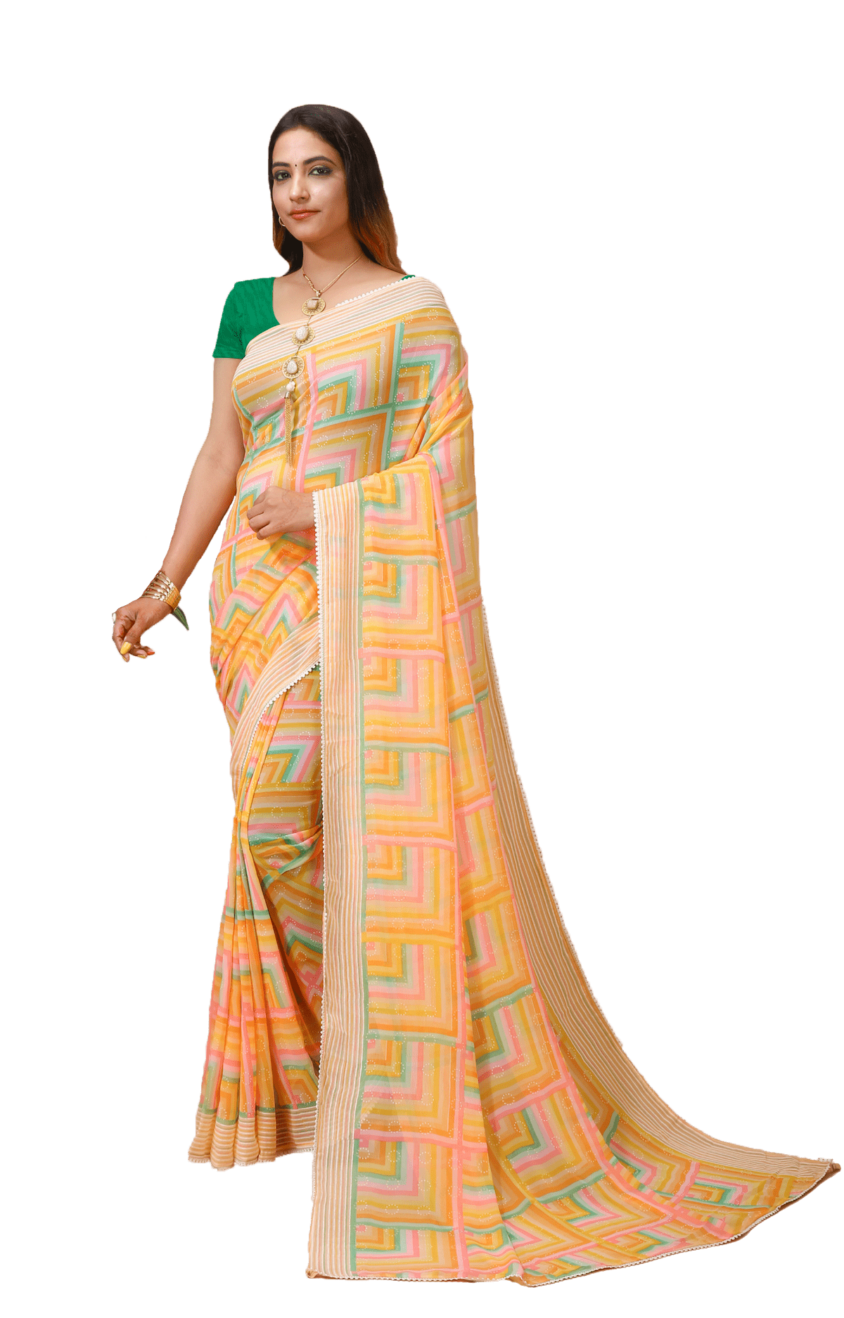 Dhara - Yellow Green Georgette Printed Saree