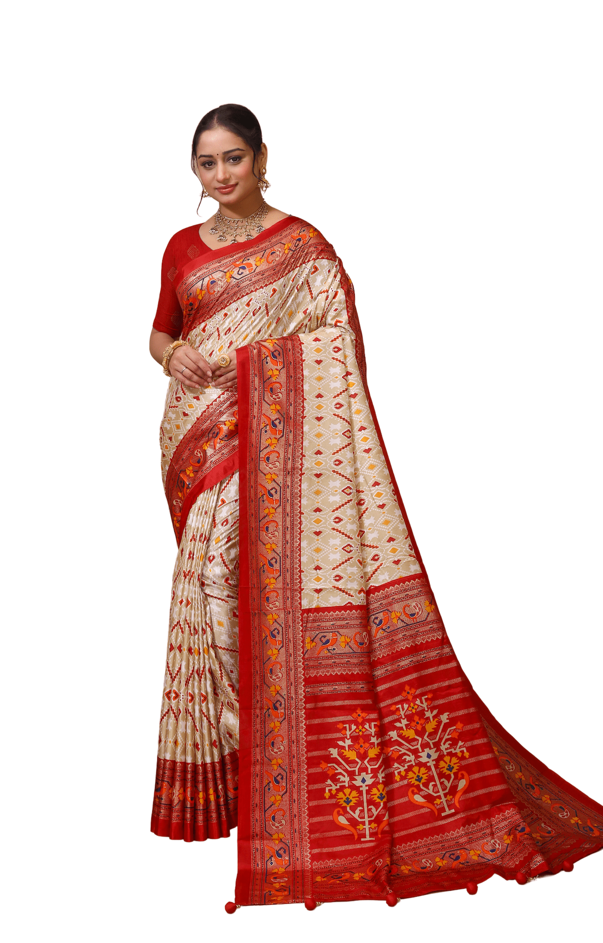 Pratha - Red White Silk Patola Print Saree