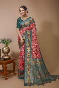 Pratha - Red Green Silk Patola Print Saree