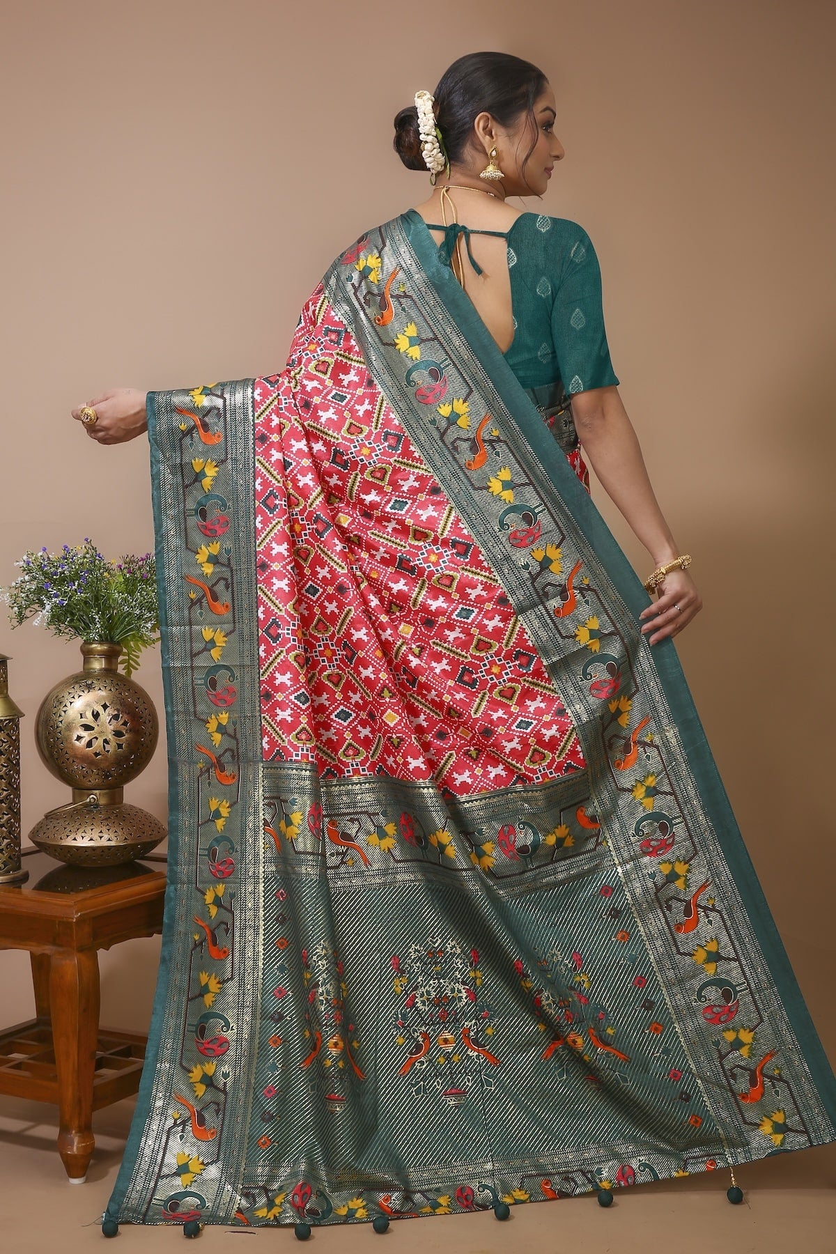 Pratha - Red Green Silk Patola Print Saree