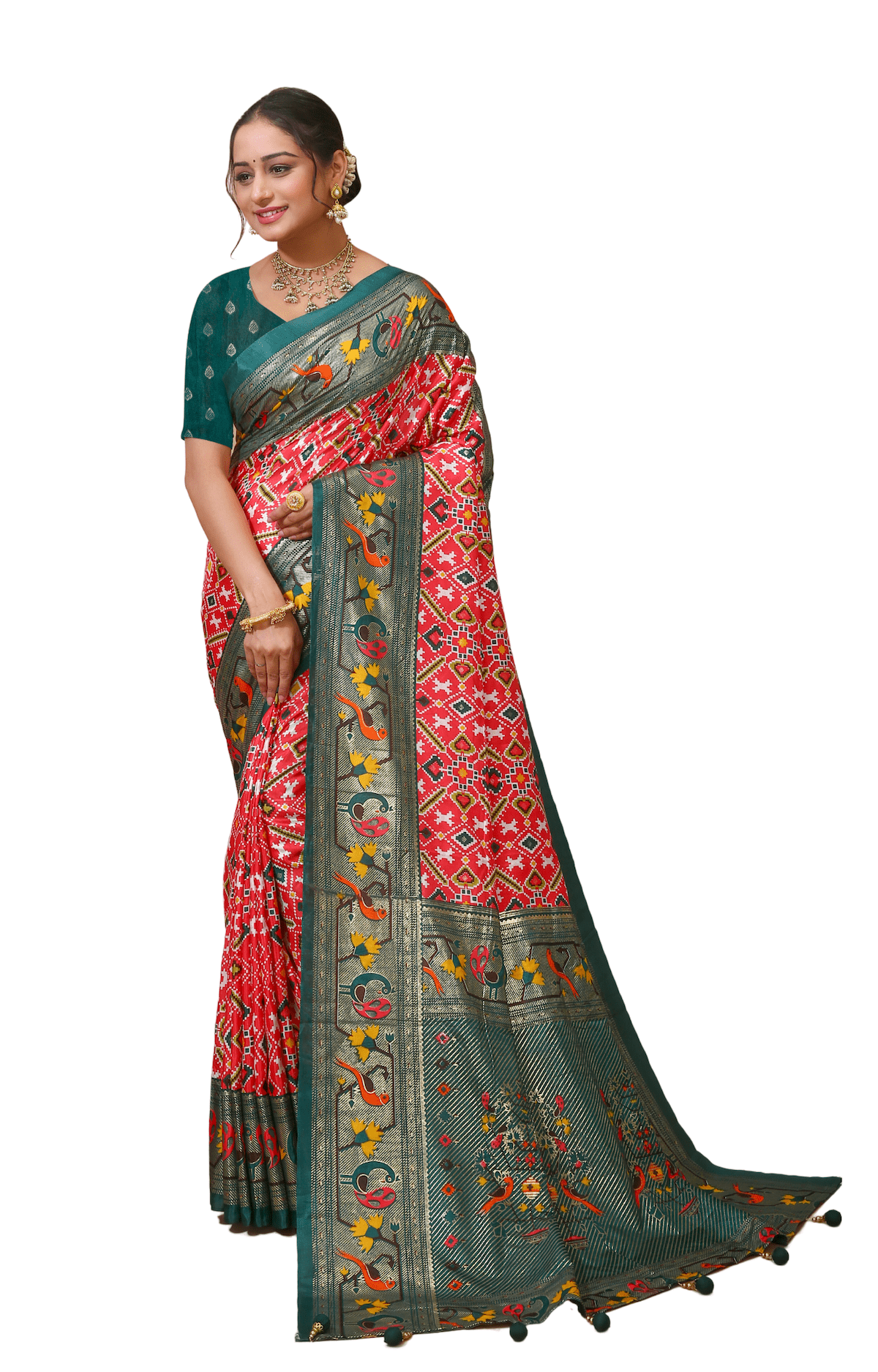 Pratha - Red Green Silk Patola Print Saree